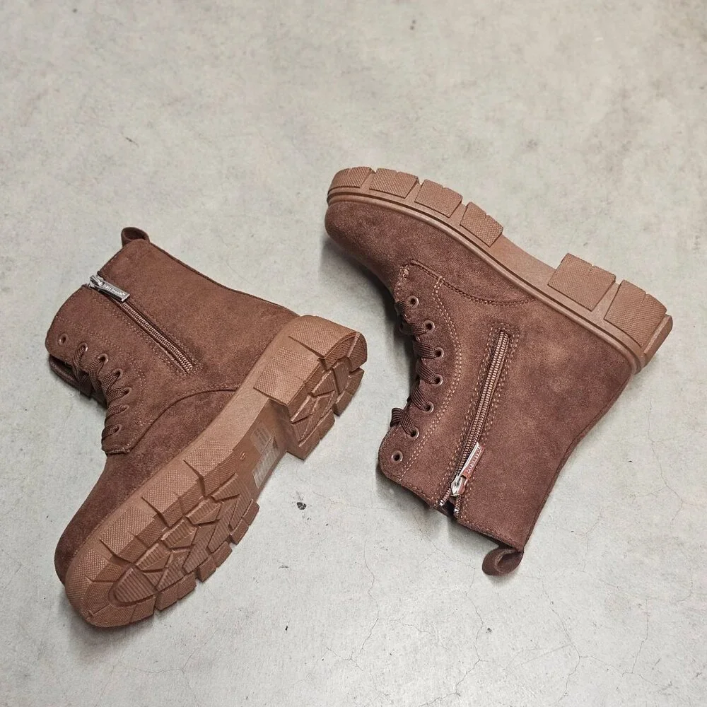 Chunky Sole Brown Faux Suede Combat Boots With Side Zipper & Lace-Up Closure For - Picture 7 of 13